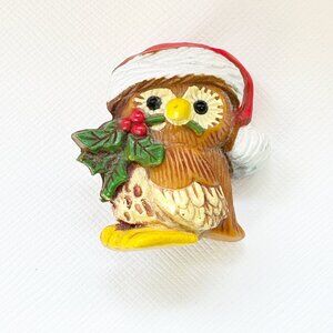 Vintage Hallmark Christmas Owl Pin Brooch With Holly & Santa Hat Signed